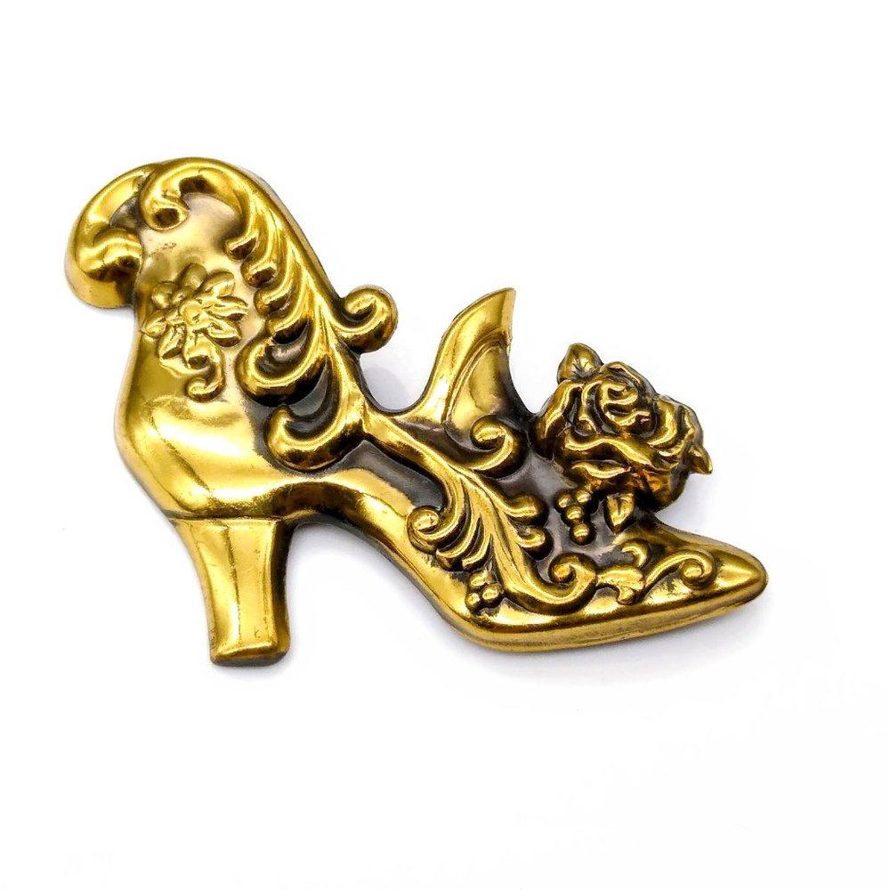 Vintage Brass Repousse Shoe Brooch, Art Nouveau Floral High Heel Victorian Boot
